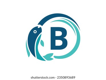 Diseño del logotipo de pescado de la letra B. Icono de Animal acuático. emblema de letra. Logotipo vectorial moderno para identidad empresarial y de empresa.