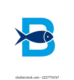 Logotipo de pescado de la letra B, plantilla de vectores de logotipos oceánicos 