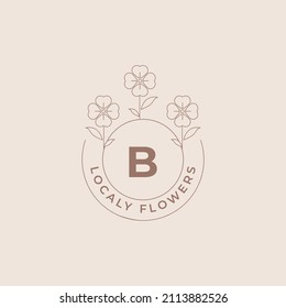 Letra B Modelo de diseño de emblema de flor con plantas botánicas e iluminación de vectores de Petals Estilo de arte de línea mínimo. Símbolos de esquema para la promoción de marca de cosméticos y embalajes o productos florales
