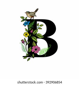 Letter B with flowers and bird, black on white background, vector