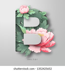 Letter B of flowers and leaves of pink peony
