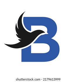Letter B Flying Bird Logo Template Vector Sign. Dove Bird Logo on Letter B Concept