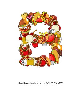 Letter B food. Edible sign alphabet from pizza and hamburger. Feed template elements ABC. meat concept type as logo. tortilla and taco. Donuts and FAstfood. Hotdog and cookies. Pork and cake