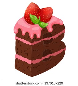 Letter B in the form of a chocolate cake with pink cream, strawberries, mint, tasty letter isolated on a white background, stock vector illustration, for food and decor, print, sticker, 3D