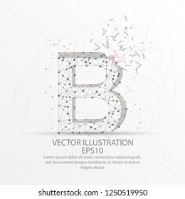 Letter B form mesh line and composition digitally drawn in the form of broken a part triangle shape and scattered dots low poly wire frame.