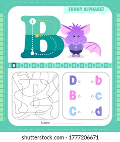 Letter B and funny cartoon bat. Alphabet a-z. Coloring page. Printable worksheet. 