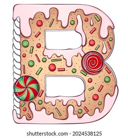 Letter B. Gingerbread Cookies in the form of letters b. Cartoon color vector font made in hand drawn line art style isolated on white. Lettering logo template. Christmas or New Year concept design.