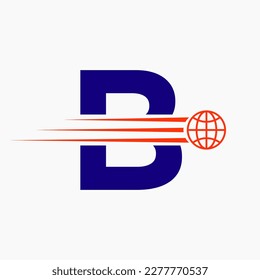 Buchstabe B globales Logo-Konzept mit bewegtem Weltsymbol. Vektor-Vorlage für globales Logotypsymbol