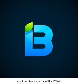 Letter B with Green leaf and Blue color, Modern glossy logotype, Vector ecology elements for corporate identity