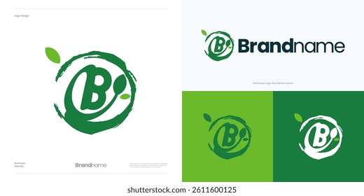 Letter B green leaf logo icon design vector editable, Symbol initial B fresh sign concept with leaf or leaves and circle brushstroke for nature, Usable for fresh food and other brand identity business