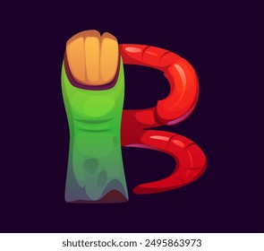 Letter B Halloween font, cartoon evil type, funny scary typeface, spooky alphabet uppercase letter made of zombie thumb finger with rugged nail and earthworm. Isolated vector latin abc typography