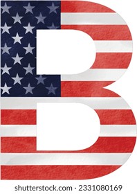Letter B hand painted USA alphabet text with United state of  America  flag inside  watercolor  brush paint isolate on white background. Vector illustration 