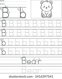 Letter B, handwriting practice for first grade, preliminary worksheet, children's writing guide, alphabet tracing, with a cute bear drawing.