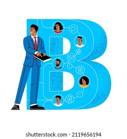 Letter B. Headhunter at work. English alphabet with people characters. Flat design retro letters and numbers.