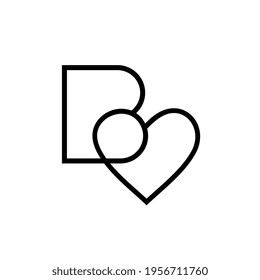 Letter B heart logo design template, alphabet B and love symbol, line art icon vector