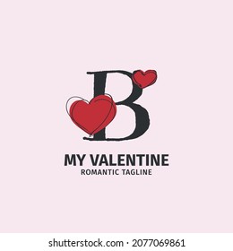 letter B with heart shape cute doodle style for a lover identity, valentine gift brand, and girl toy shop