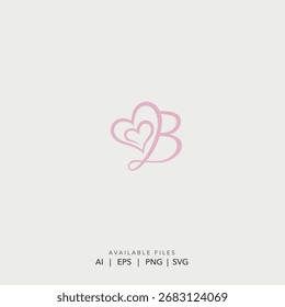 Letra B corazón logotipo del monograma de la boda, guion de belleza femenina B icono inicial, romántico corazón de amor rosa logotipo de la firma