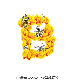 Letter B hellish flames and sinners font. Fiery lettering. Infernal fire alphabet sign. ABC devilish flame of Death Satanic and skeleton
