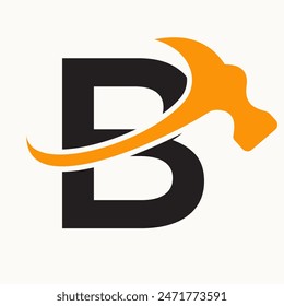 Letter B Home Construction Logo Design With Hammer Symbol