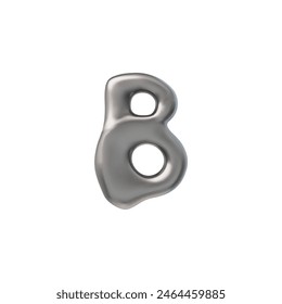 Letter B icon in metallic 3D Y2K style, front view. Vector illustration glossy silver finish with fluid, bubbly contours. Perfect for futuristic, retro, or digital designs.