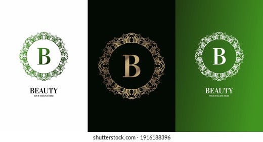 Letter B initial alphabet with luxury ornament floral frame logo template.