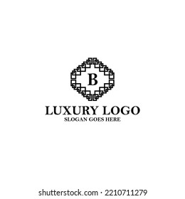 Letter B initial based vector logo. Serif letter logo within complex line art frame. Logo for jewelry, luxury product, fashion, beauty, and company.
