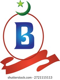 Letra b logotipo inicial símbolo de estrella de luna creciente decoración de cinta roja