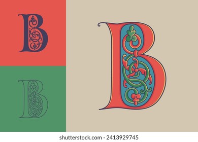 Letter B initial with trailing vines of thistle plant. Medieval blackletter drop cap based on Bohemian manuscript. Romanesque style dim colors illuminated emblem. Decorative wax seal monogram logo.