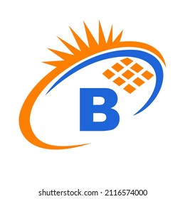 Letter B Inside Solar Cell or Solar Panel Energy Logo Design. Letter B Logo with Solar Elements, Sun, Solar Panels Sign