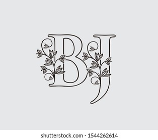 Letter B, J and BJ Vintage Floral Logo Icon, overlapping monogram with hand drawn flower. Black color Logo on white background. Classy Letter Logo Icon.