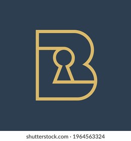 Letter B Key Hole Logo Icon Design Template Elements, Line Art Style Vector Illustration, Gold Color Isolated On Black Background