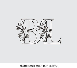 Letter B, L and BL Vintage Floral Logo Icon, overlapping monogram with hand drawn flower. Black color Logo on white background. Classy Letter Logo Icon.