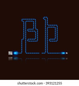 Letter B laid neon light cable. USB blue cable, vector illustration.