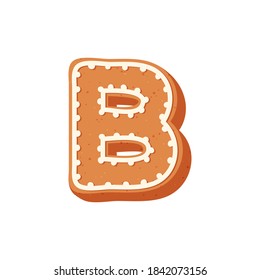 The letter "B" of the Latin alphabet. Christmas ginger sponge cookies in the shape of a letter, decorated with icing sugar or icing. Vector stock illustration isolated on a white background.