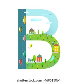 Letter B of the latin alphabet for kids. Fun alphabet letter for children boys and girls with city, houses, cars, trees. Learning, teaching, studying abc, flat style. Vector illustration