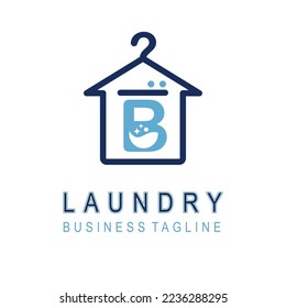 Letter B for Laundry Business Logo Design Idea Template with House and Hanger Icon. Dry Cleaning Clothes Wash Machine