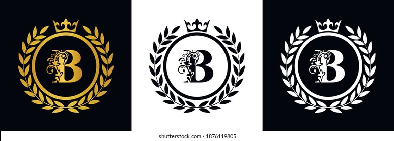 Letra B laurel logo de la plantilla de corona de oro de lujo con corona. Alfabeto monograma . Hermosa carta de iniciales reales.	