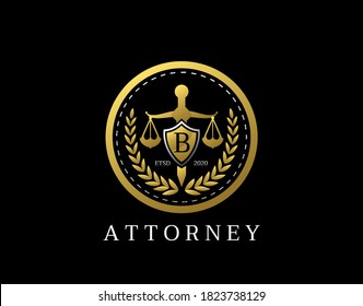 Letter B Law Logo design with golden sword, shield, wreath symbol vector design. Perfect for for law firm, company, lawyer or attorney office logo.