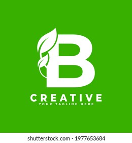 Letter B with Leaf Logo Design Element on Green Background. Usable for Business, Science, Healthcare, Medical and Nature Logos