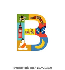 Letter B learning poster for kids. Alphabet for preschool and primary school education. 