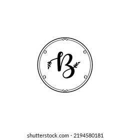 Letter B with leaves vector logo emblem design template illustration simple minimal linear style. Outline graphics for cosmetic product packaging and garden flowers shop
