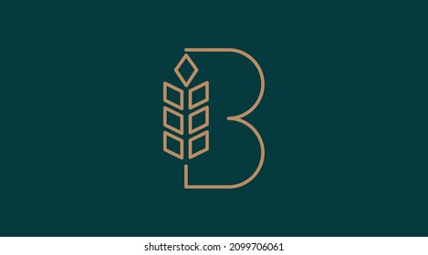 Letter B Line style logotype with wheat, rice organic grain products and healthy food vector illustration