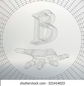 the letter B, of lines and dots on the arm. The hand holding letter of the lines connected to points. Molecular lattice. The structural grid of polygons. White background. The facility is located on a