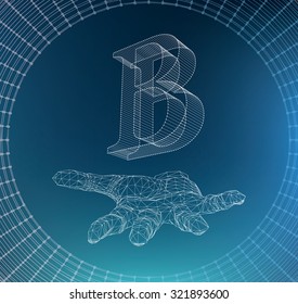 the letter B, of lines and dots on the arm. The hand holding letter of the lines connected to points. Molecular lattice. The structural grid of polygons