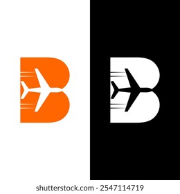letra b logotipo com símbolo de avião para viajar ao redor do mundo