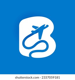 Letter B logo with airplane trail. Negative space style icon. Plane navigator pointer. Vector typeface for airline identity, travel app, journey posters, jet company, and shipping advertising.