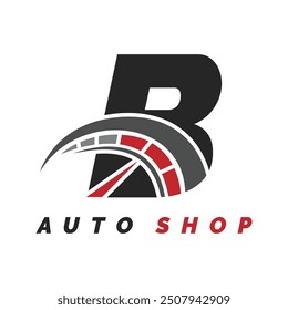 letter B logo auto mechanic with speedometer style. Alphabet B automotive speedometer design icon