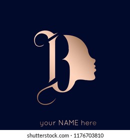 Logo de la letra B con bello retrato femenino.Icono tipográfico con silueta facial y letras decorativas.Elegante ilustración de color rosa adecuada para el estilo, la belleza, el spa y el negocio de los cosméticos.