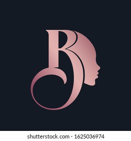 Letter B logo with beautiful woman portrait.Beauty, hair salon and cosmetics vector icon in metallic color isolated on dark background.Typography elegant shape.Luxury,feminine,lady style silhouette.