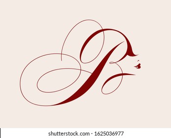 Letter B logo with beautiful woman portrait.Beauty, hair salon, makeup and cosmetics vector icon in red color isolated on light background.Calligraphic elegant shape.Luxury, feminine style.